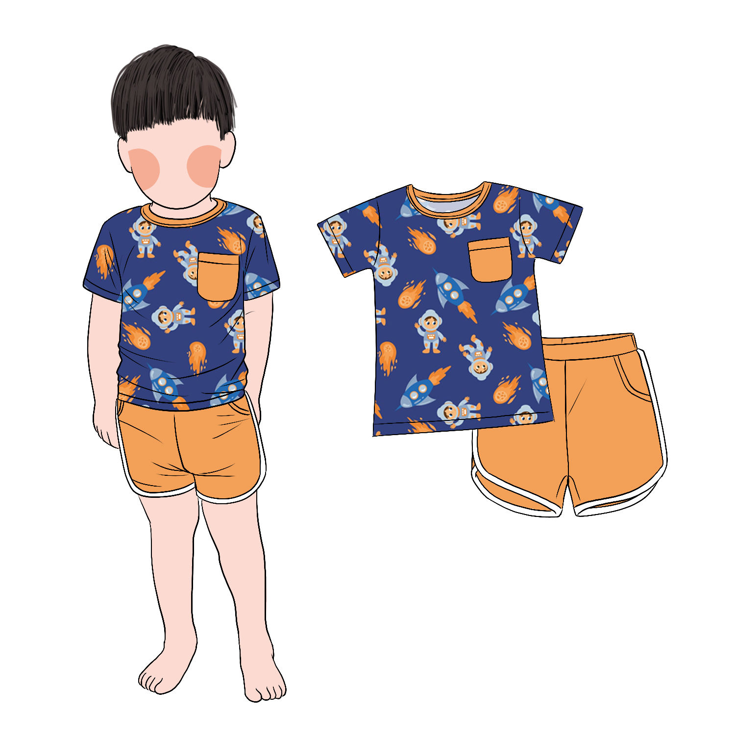 New Design Special Milk Protein Fiber Painting Boy 2pcs Short T Shirt and Pant Set With 2 Side Pockets