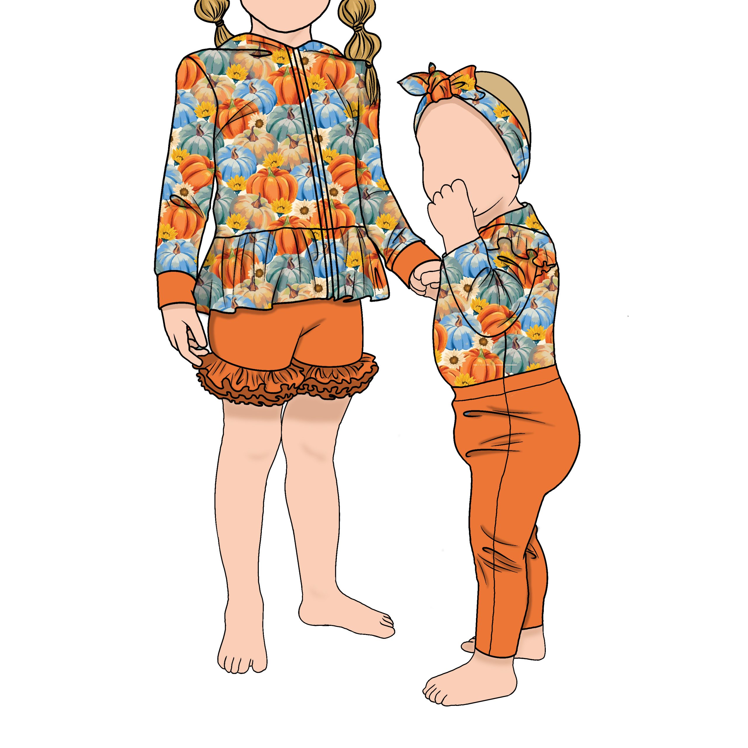 Korean High Quality Soft Brushed Milk Silk 2pcs Cute Girls Zipper Jackets Pumpkin Pattern Long Sleeve Baby Sister Hoodie Set - Image 2