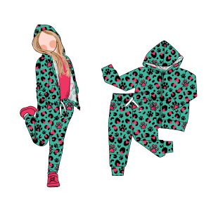 Low Price Funny Style Drawstring Pants Long Sleeve Leopard Print Girl Hoodie Set for Daily Wear