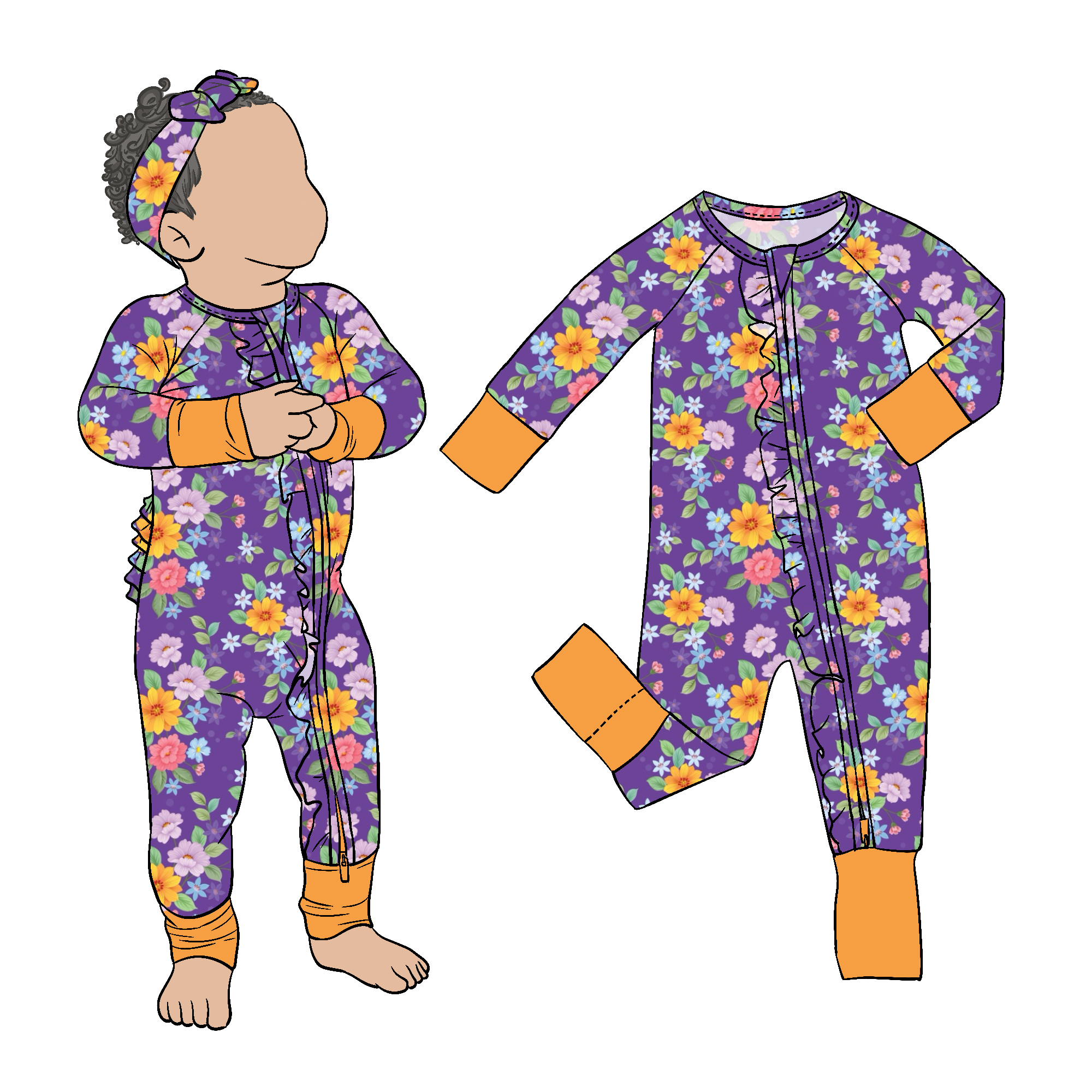 Hot Sale Bamboo Floral Printed Toddler Girl Butt Ruffle Zipper Romper Baby Jumpsuit for Kids and Children - Image 2