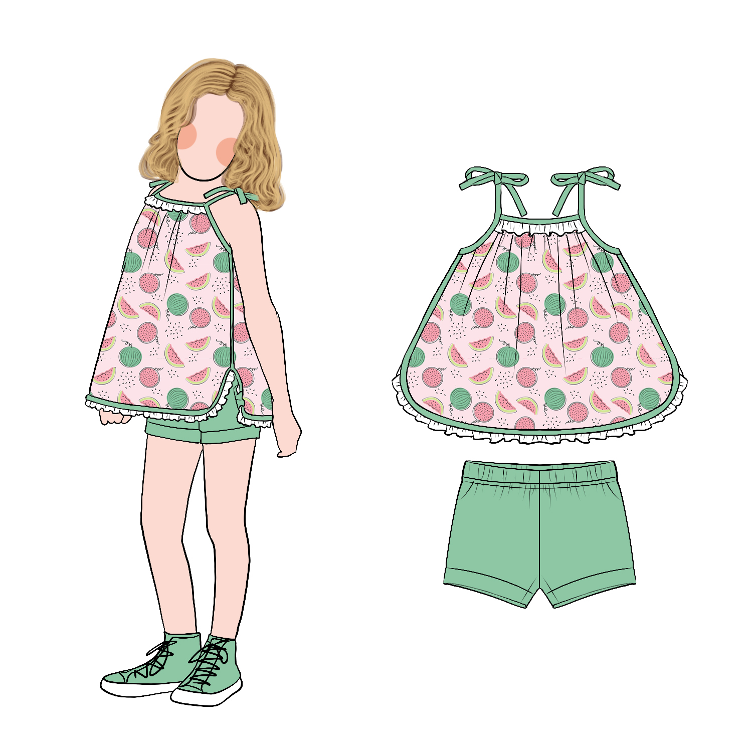 Hot Sale Sweet Adorable Cute Cartoon Print Casual Wear Girls Bow Strap Top with Solid Shorts Set - Image 3