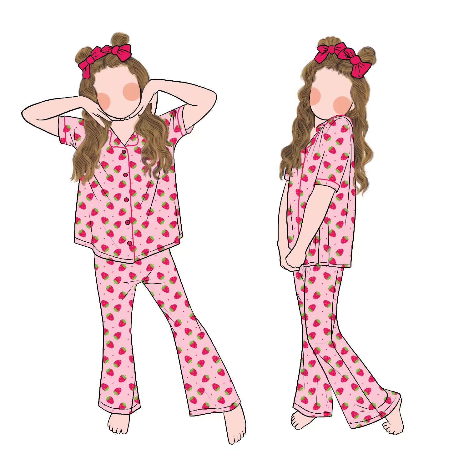 Good Quality Wholesale Custom Girls Short Sleeves Buttons up Pajamas Set Flare Pants Sleepwear for Kids Children - Image 6