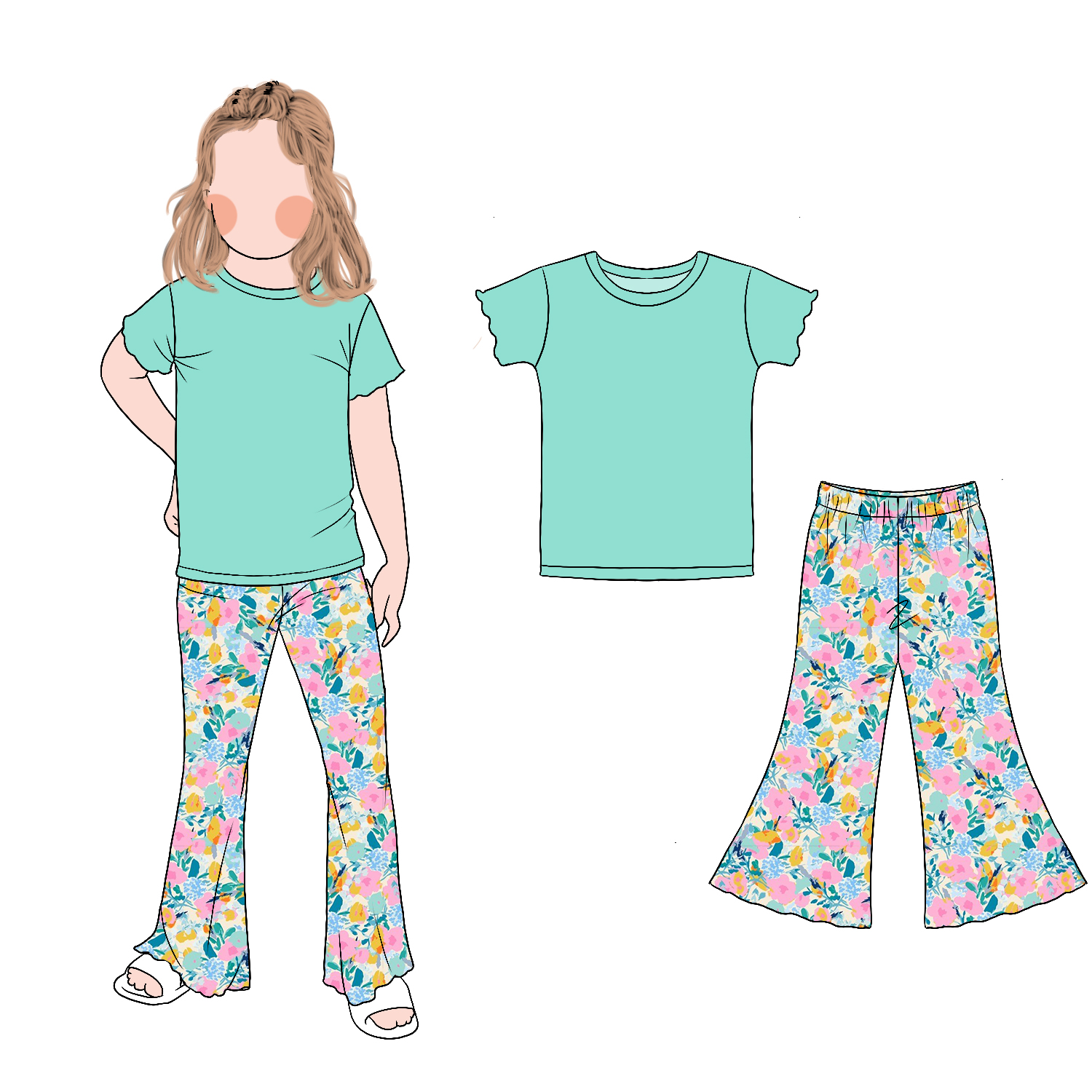 Wholesale Girls Solid Color Short Sleeves and Bell Bottom Set Custom Printed Floral Flared Pants Spring Summer Sets - Image 4