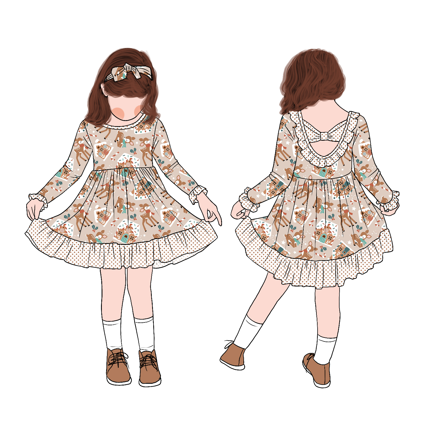 Hot Selling Personality Simple Autumn Winter Long Sleeve Printed Back with Hollow Bow Skirt Soft Skin Breathable Skirt - Image 3