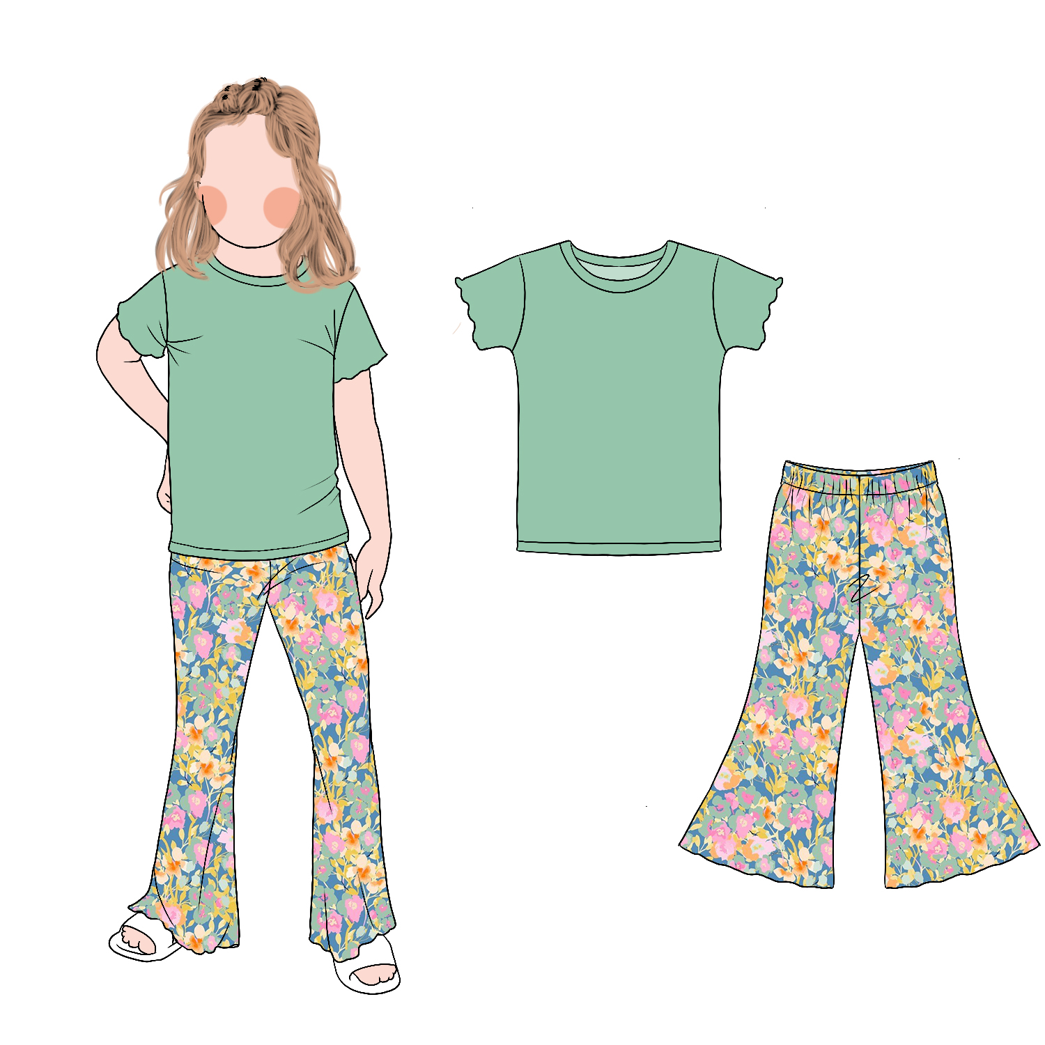 Wholesale Girls Solid Color Short Sleeves and Bell Bottom Set Custom Printed Floral Flared Pants Spring Summer Sets - Image 3