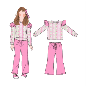 Good Quality Wholesale Girls Long Sleeve Pants Cute Ruffle Top with Bell Bottom Pants Fabric Soft Suitable for Daily Wearing