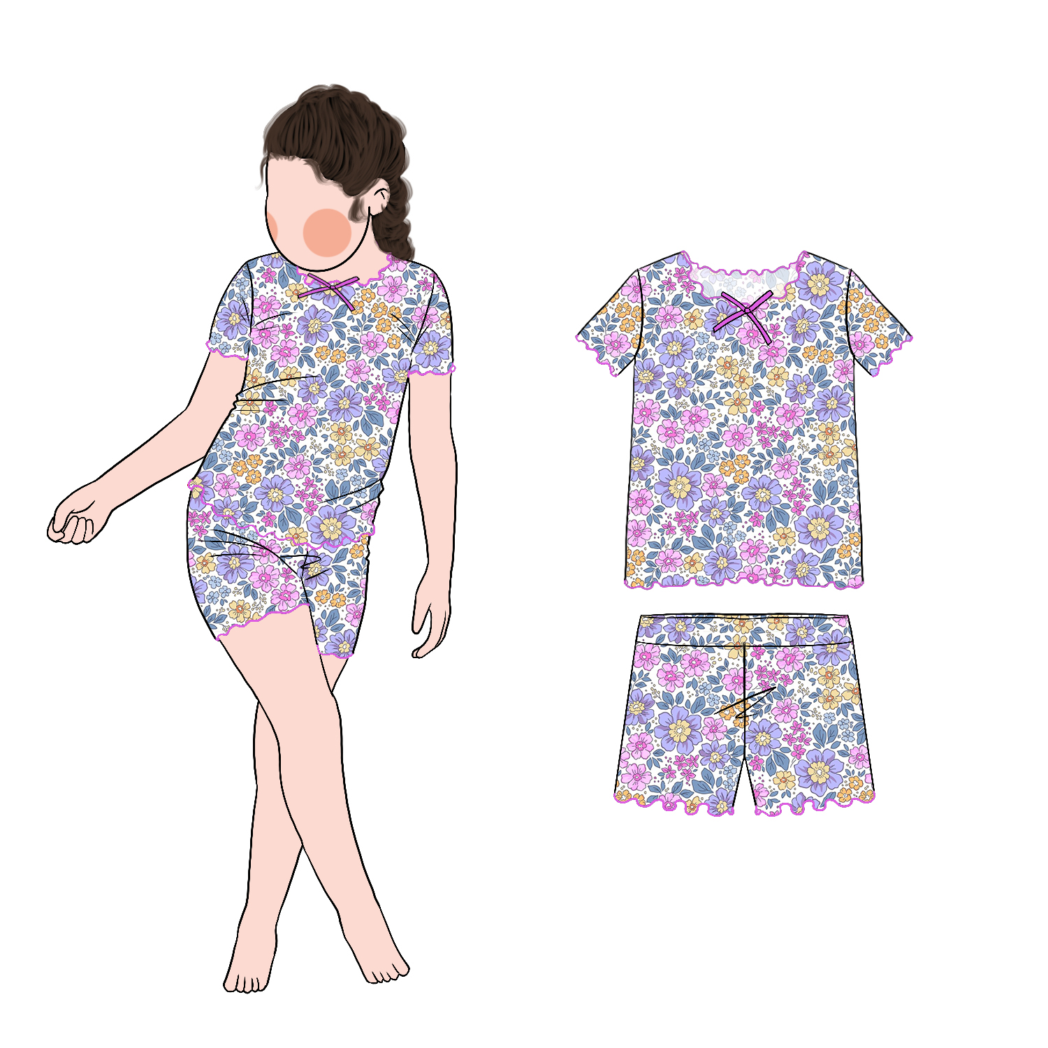 New Model Little Girls Floral Overlocked Edge 2pc Set Short Sleeves and Shorts 2 Piece Summer Clothing - Image 3