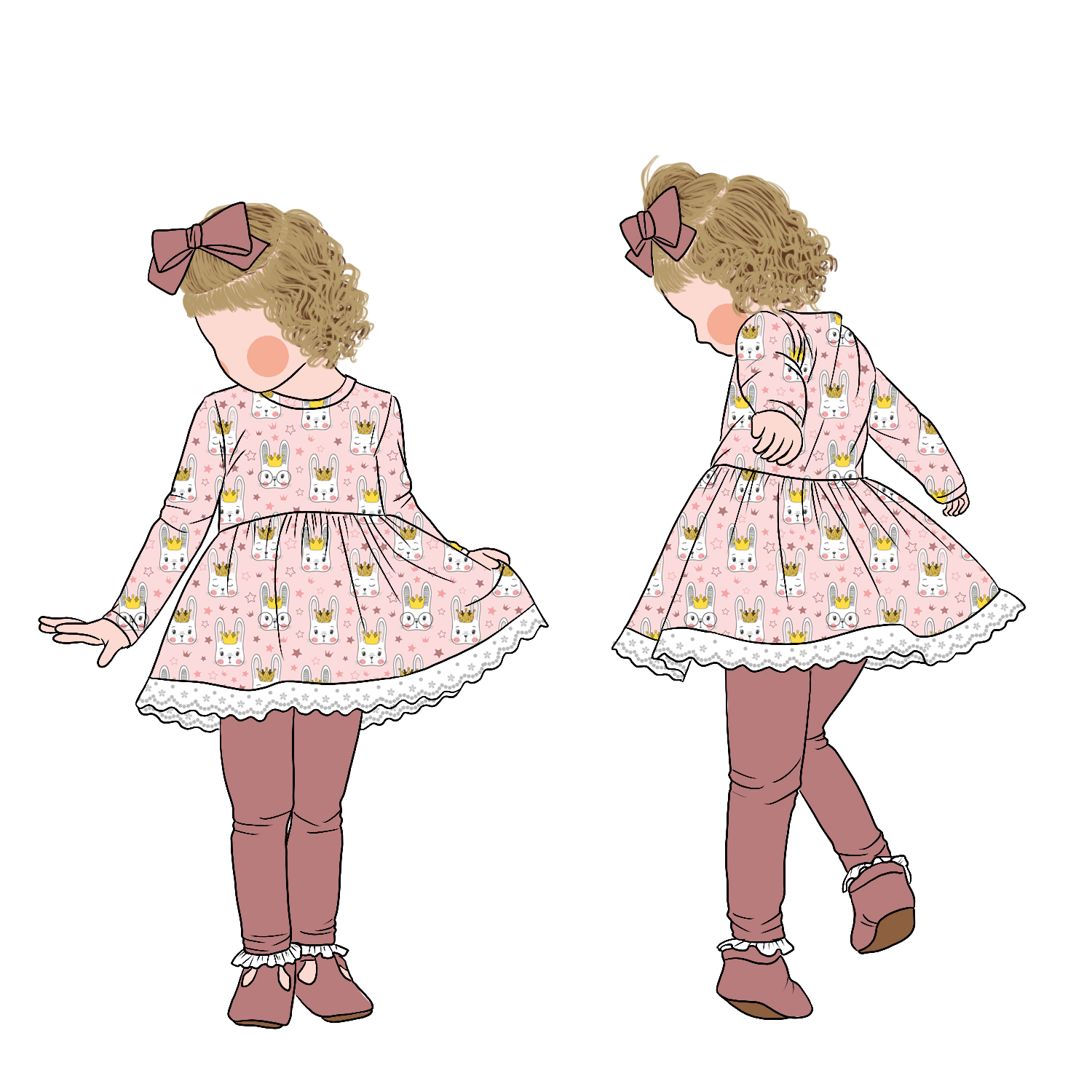 Low Price Sweet Style Long Sleeves Lace Bottom Hemline Lovely Rabbit Print Girl Tunic Dress Set With Leggings - Image 3