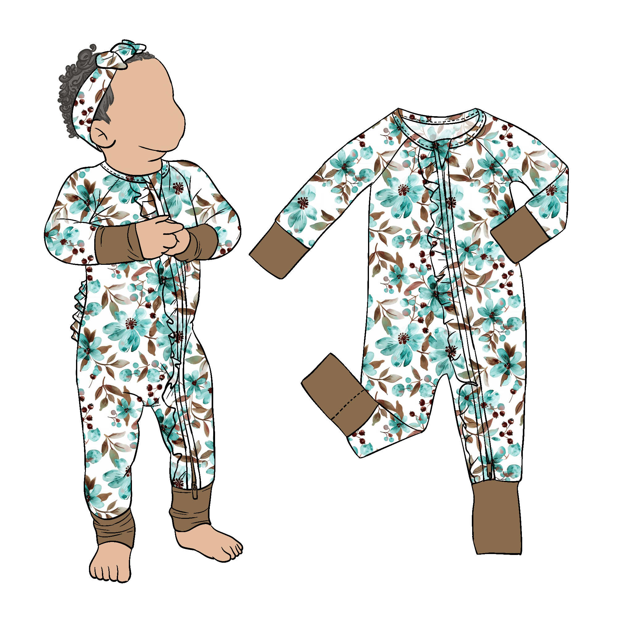 Hot Sale Bamboo Floral Printed Toddler Girl Butt Ruffle Zipper Romper Baby Jumpsuit for Kids and Children - Image 6