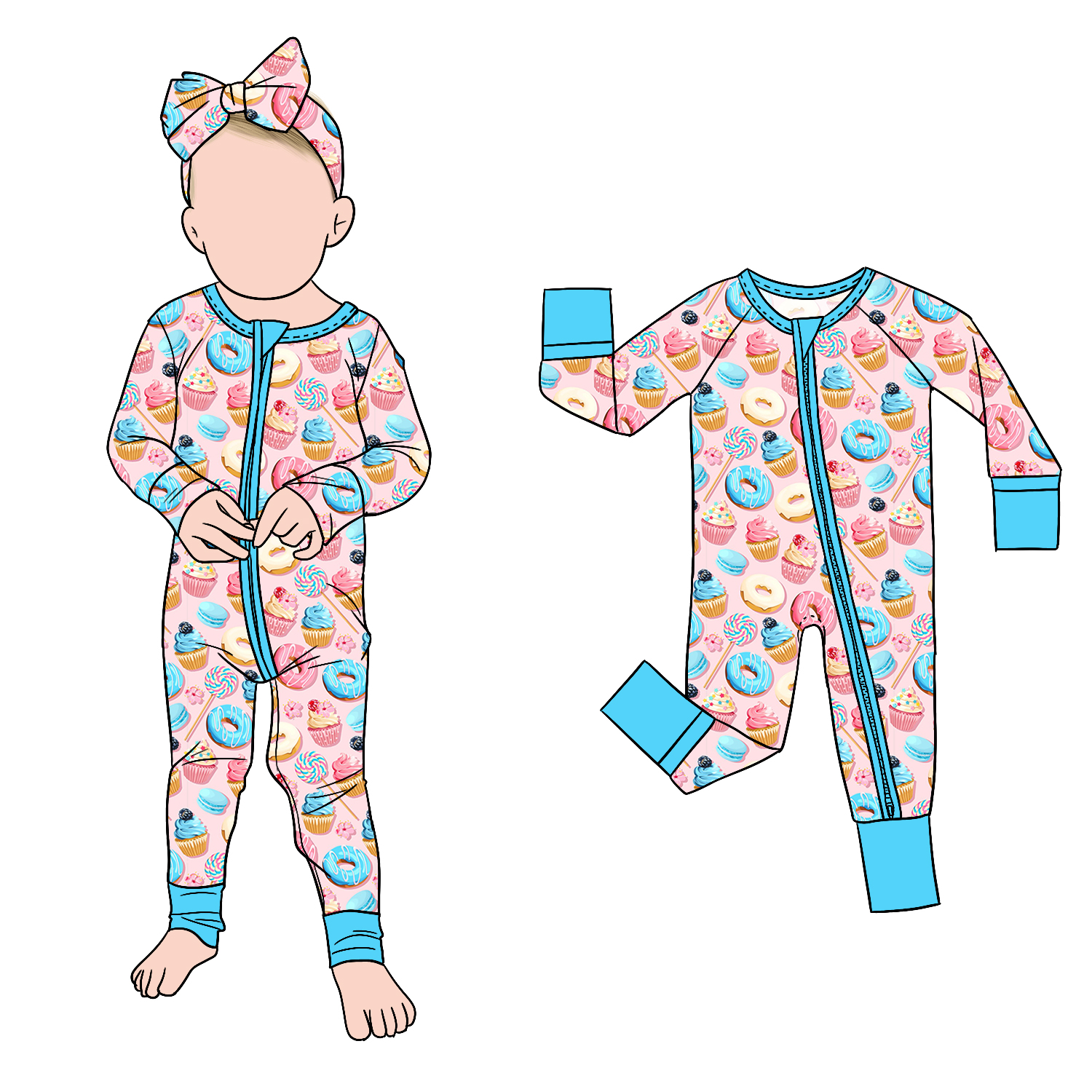 High Quality Comfortable Sweet Dessert Print Bamboo Zipper Baby Romper Breathable Bamboo Infant Sleep Suit