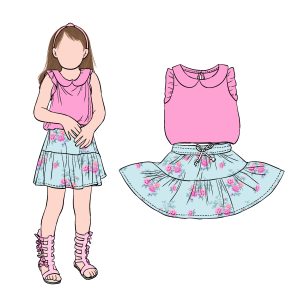 New Design Summer Ruffled Sleeveless Girl Dress Set Solid Cute Top With Floral Skirt for Kids