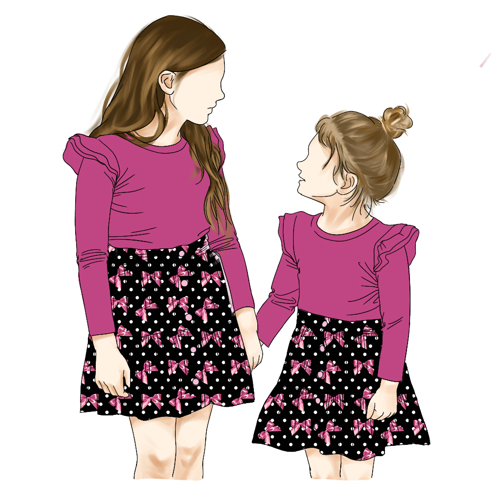 New Arrival Printing Cherry Pattern Sister Matching Outfits Skirt Dress Long Sleeve Baby Girls Ruffle Sleeve T-Shirt Set - Image 6