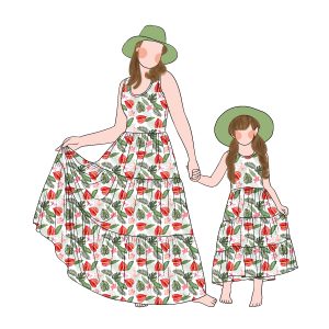 Top Fashion Custom Vintage Printed Sleeveless Mommy and Me Summer Holiday Twirl Maxi Dresses Family Daily Dress Set