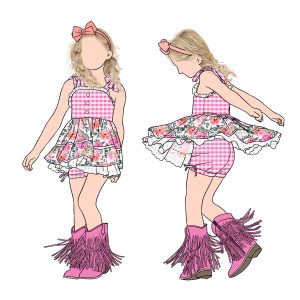 Custom Fashion Boutique Summer Girls Lace Trim Tunic Set With Plaid Shorts for Children and Kids