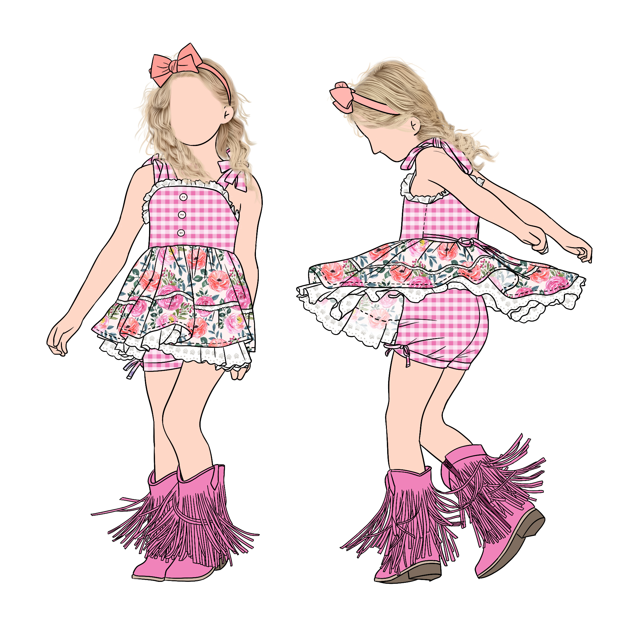 Custom Fashion Boutique Summer Girls Lace Trim Tunic Set With Plaid Shorts for Children and Kids