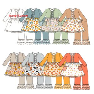 Custom Designs Spring and Autumn Outdoor Kids Clothes Clothing Set Floral Lace Girl Dresses and  Pants Set With Bocket