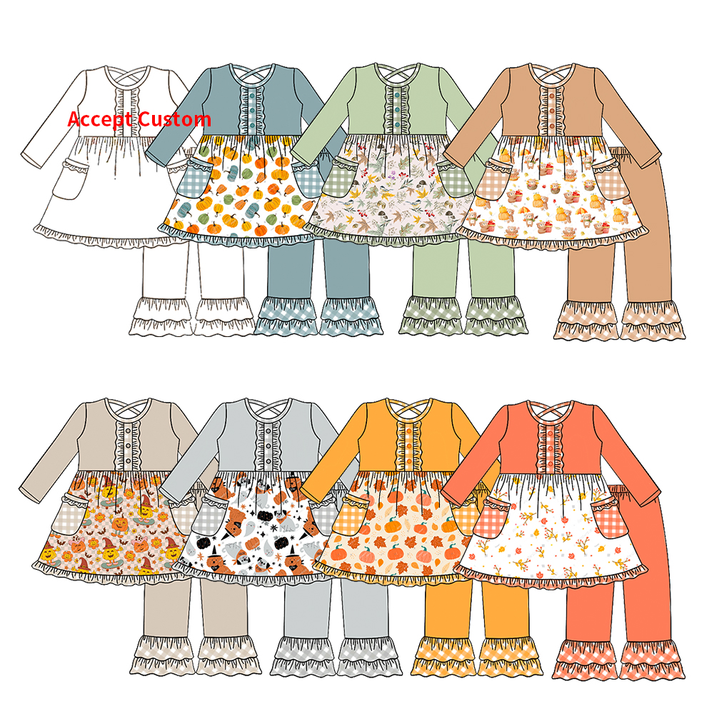Custom Designs Spring and Autumn Outdoor Kids Clothes Clothing Set Floral Lace Girl Dresses and Pants Set With Bocket