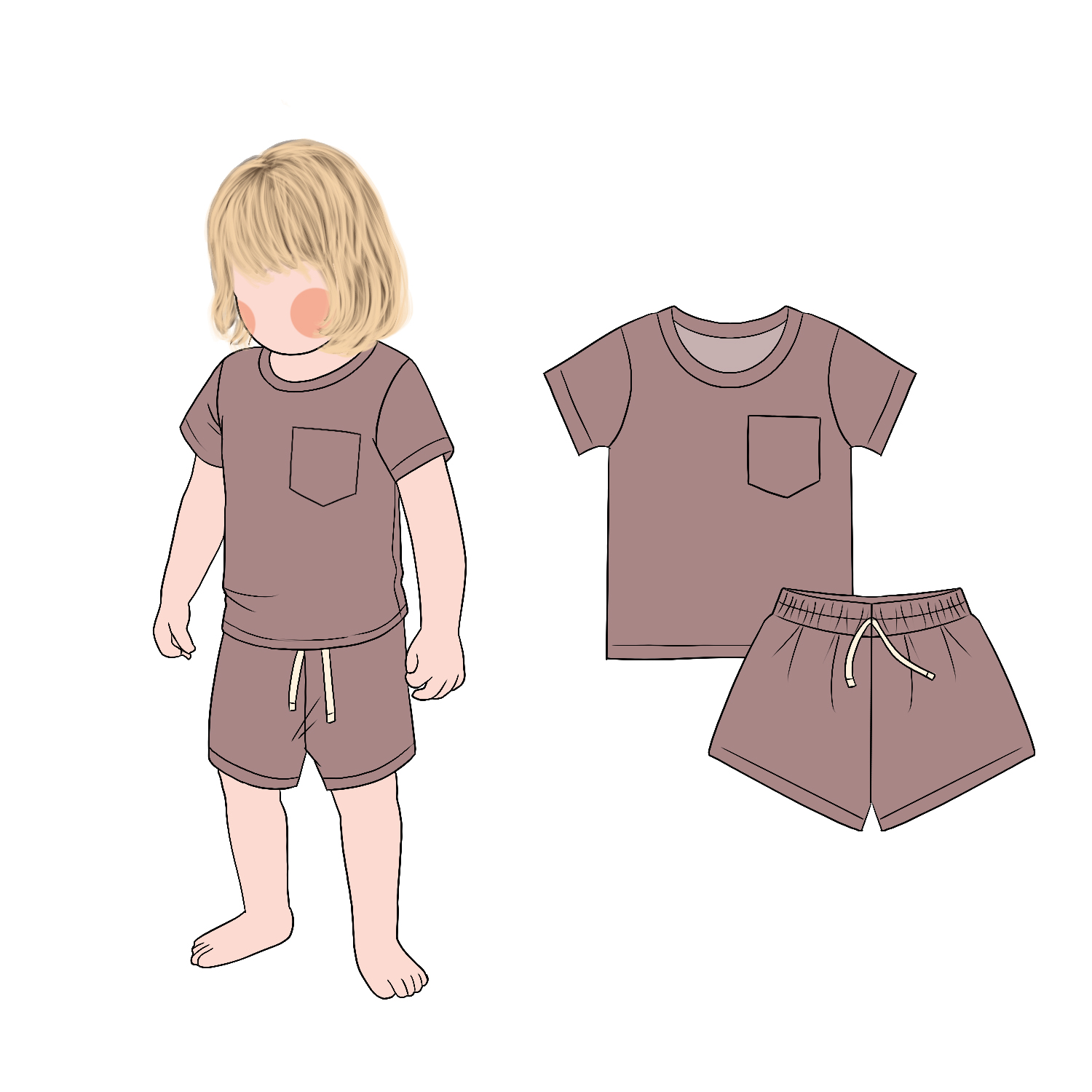 Hot Sale Children's Solid Color Pocket Short Sleeves Top Matching Drawstring Shorts Set Summer Coolful Clothing - Image 3