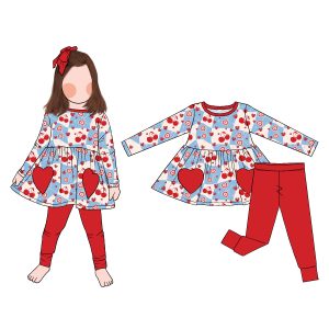 Hot Selling Personality Simple Girls Valentine's Day Party Cute Printed Heart Pocket Dress Set  Equipped with Solid Legging