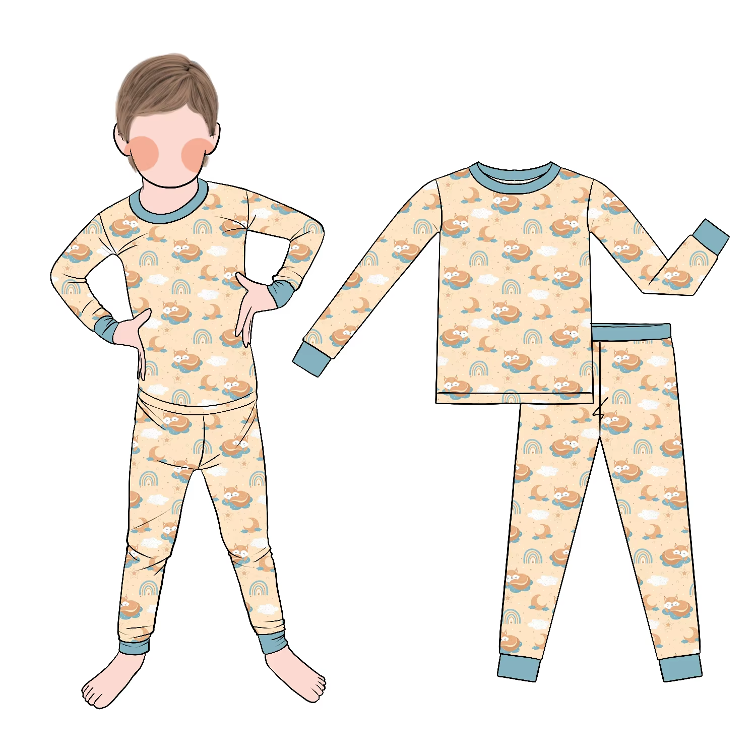 Latest Hot Sale Casual Kids Outfits Boys Bamboo Pajamas with Long Sleeves and Pants Autumn Denim Print Baby Gift Clothing - Image 5