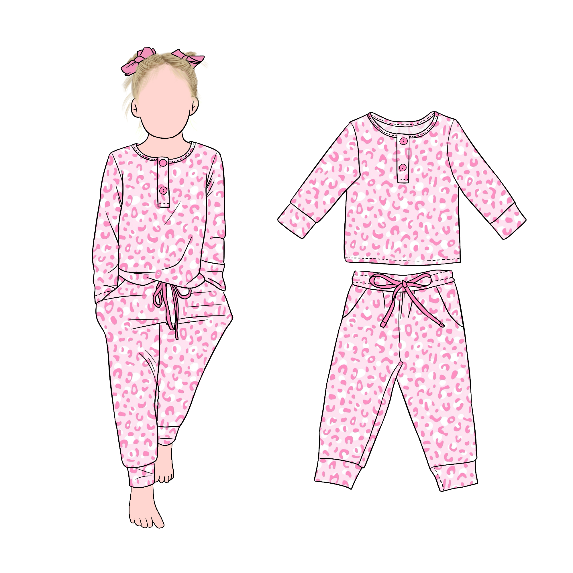 Factory Directly Sale Cool Girls 2pcs Pink Clothing Set Front Buttons Drawstring Pants for Kids Girls