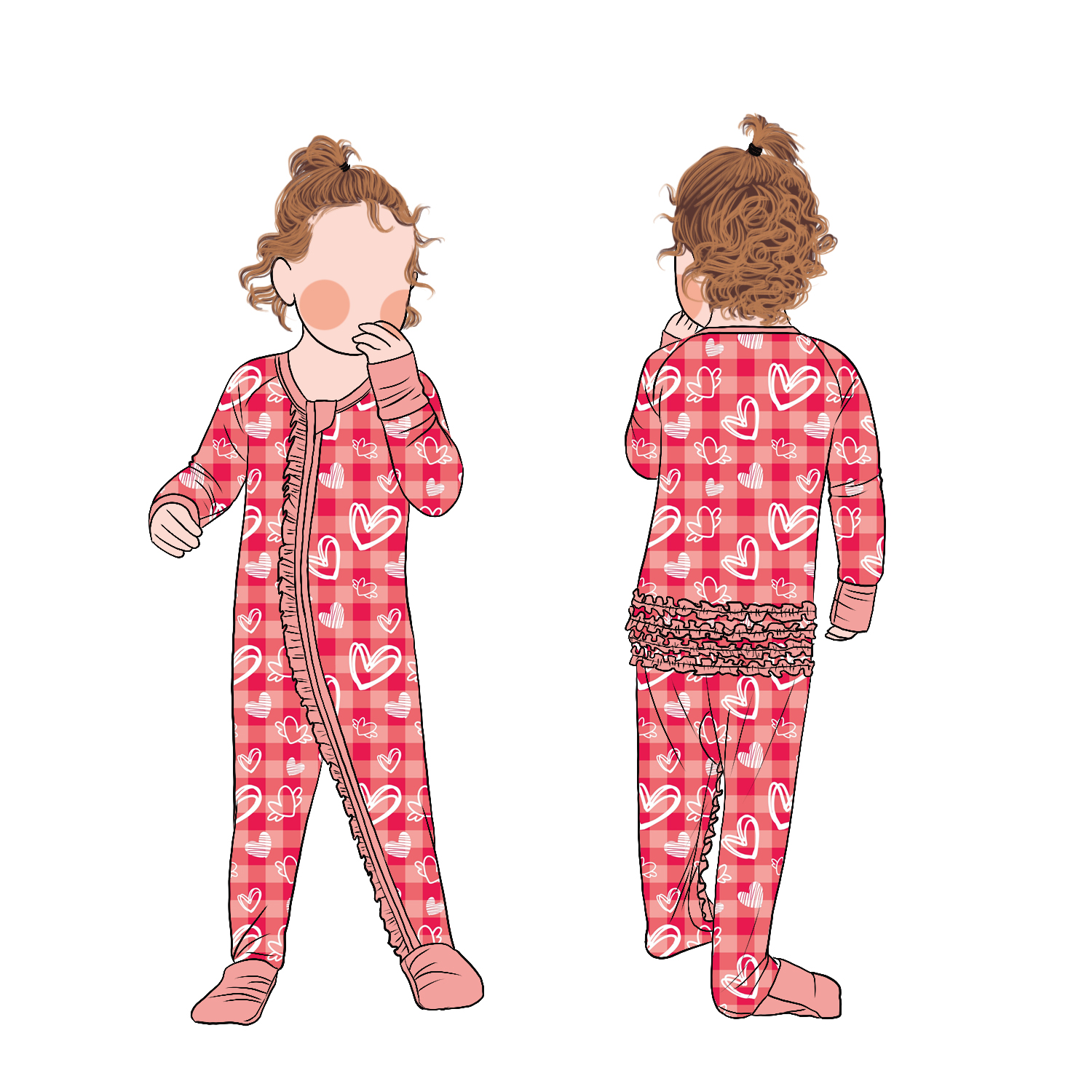 Red Color Heart Printing Bamboo Children Convertible Ruffle Pajamas for Toddler Baby Girls - Image 2
