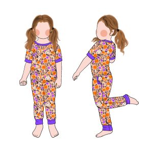 Wholesale Price New Style Girls Floor Pattern 2pc Set Short Sleeved Top Leggings Legs Matching Solid Trim