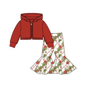 Wholesale 2pcs Soft Comfortable Baby Kids Solid Hoodie and Bell Bottom Girls Zipper Hoodie Pants Set With Hat