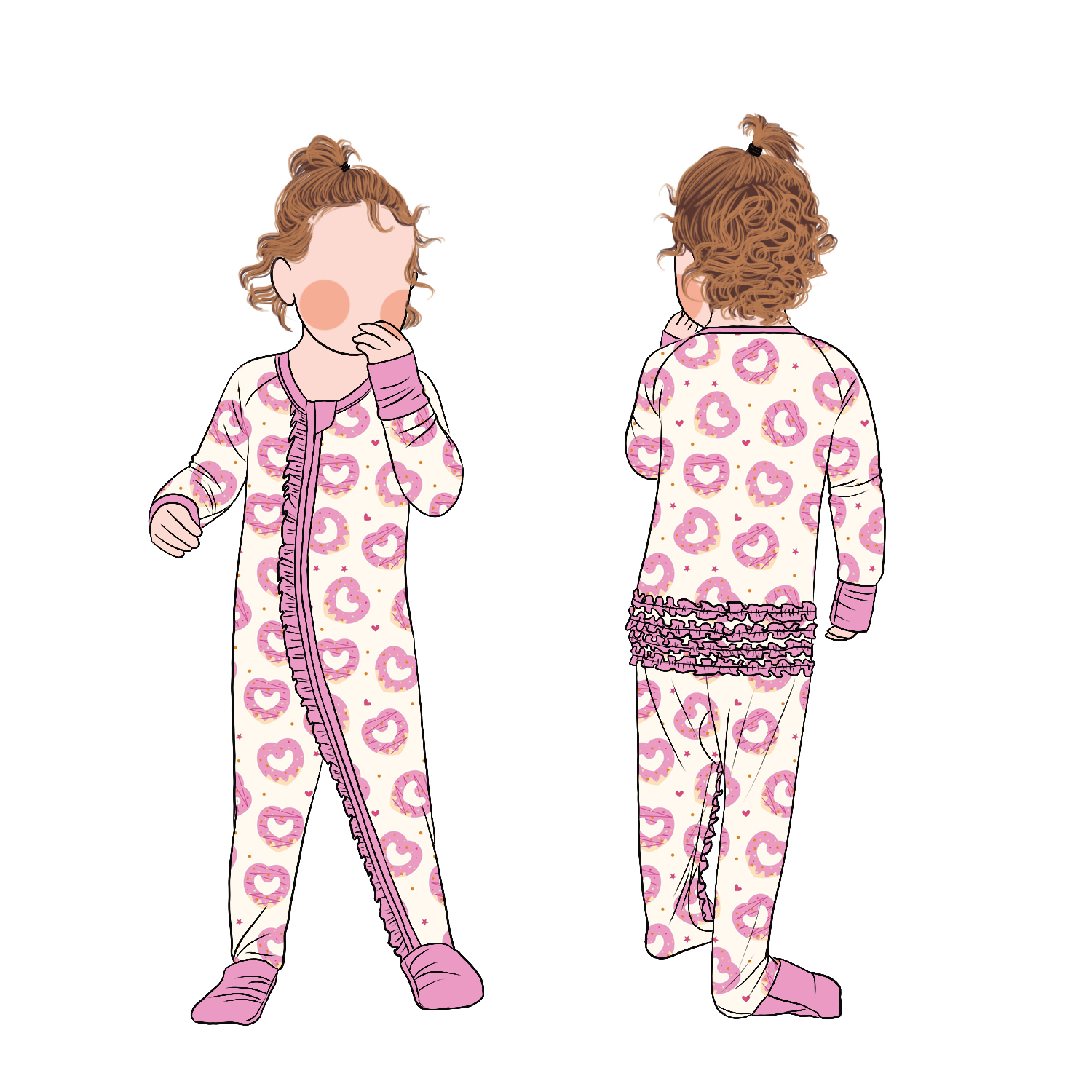 Red Color Heart Printing Bamboo Children Convertible Ruffle Pajamas for Toddler Baby Girls - Image 6