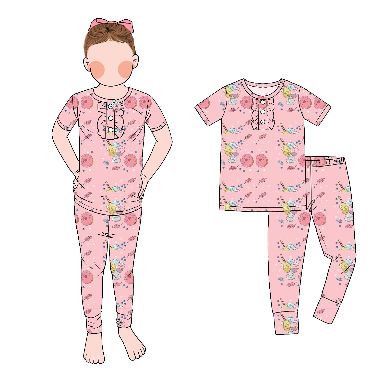 New Model Fashion Front Ruffle Fitted Design Short Sleeve and Pants Two-piece Pajamas Spring Summer Set - Image 3