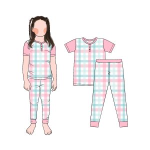 Good Quality Wholesale Girls Spring Outfit Set Round Neck Button Decoration Short Sleeve Top and Legging