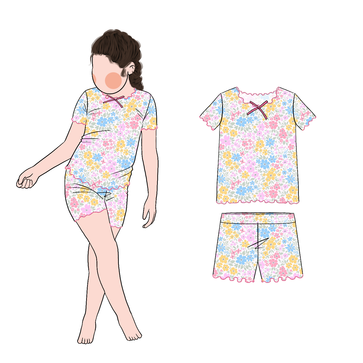 New Model Little Girls Floral Overlocked Edge 2pc Set Short Sleeves and Shorts 2 Piece Summer Clothing - Image 6