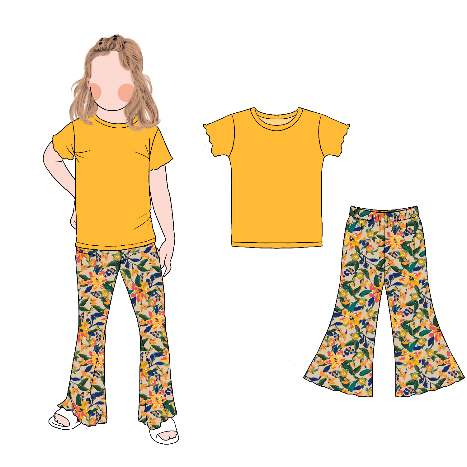 Wholesale Girls Solid Color Short Sleeves and Bell Bottom Set Custom Printed Floral Flared Pants Spring Summer Sets - Image 6