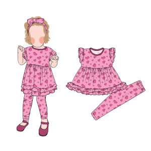 Hot Selling Summer Autumn Pattern Printed Ruffle Sleeve Top with Leggings Baby Girls Clothing Sets