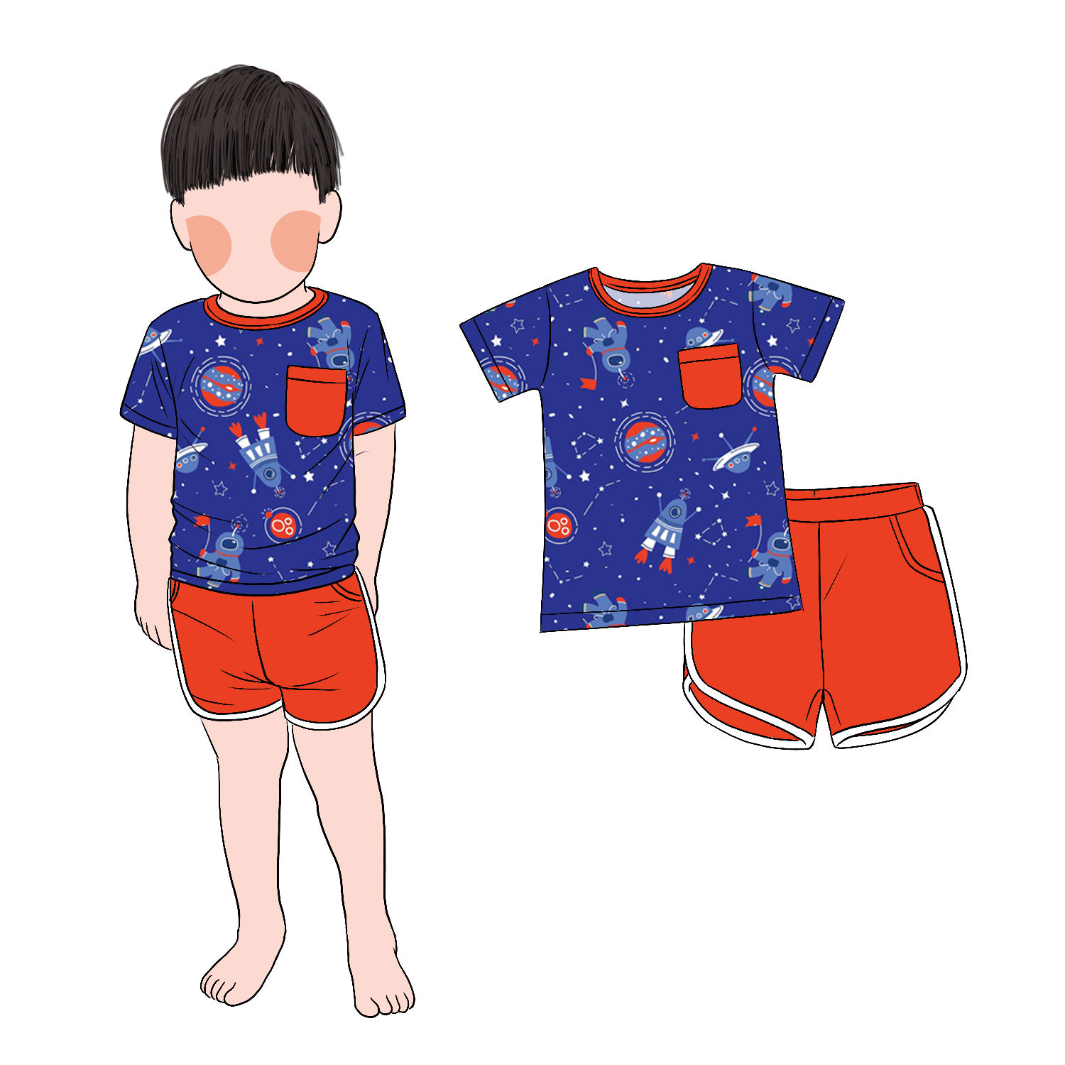 New Design Special Milk Protein Fiber Painting Boy 2pcs Short T Shirt and Pant Set With 2 Side Pockets - Image 4