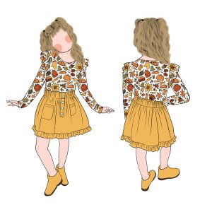 Hot Sale Girls Flutter Sleeves Pumpkin Pattern Long Sleeves Top and Have Pocket Ruffle Skirt