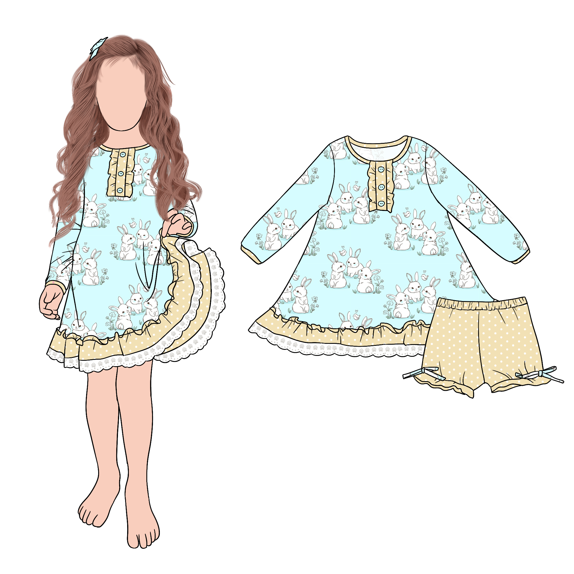 Hot Selling Popular Sweet Rabbit Girls Night Gown Dress Set Matching Cute Bow Shorts for Kids Girls - Image 4