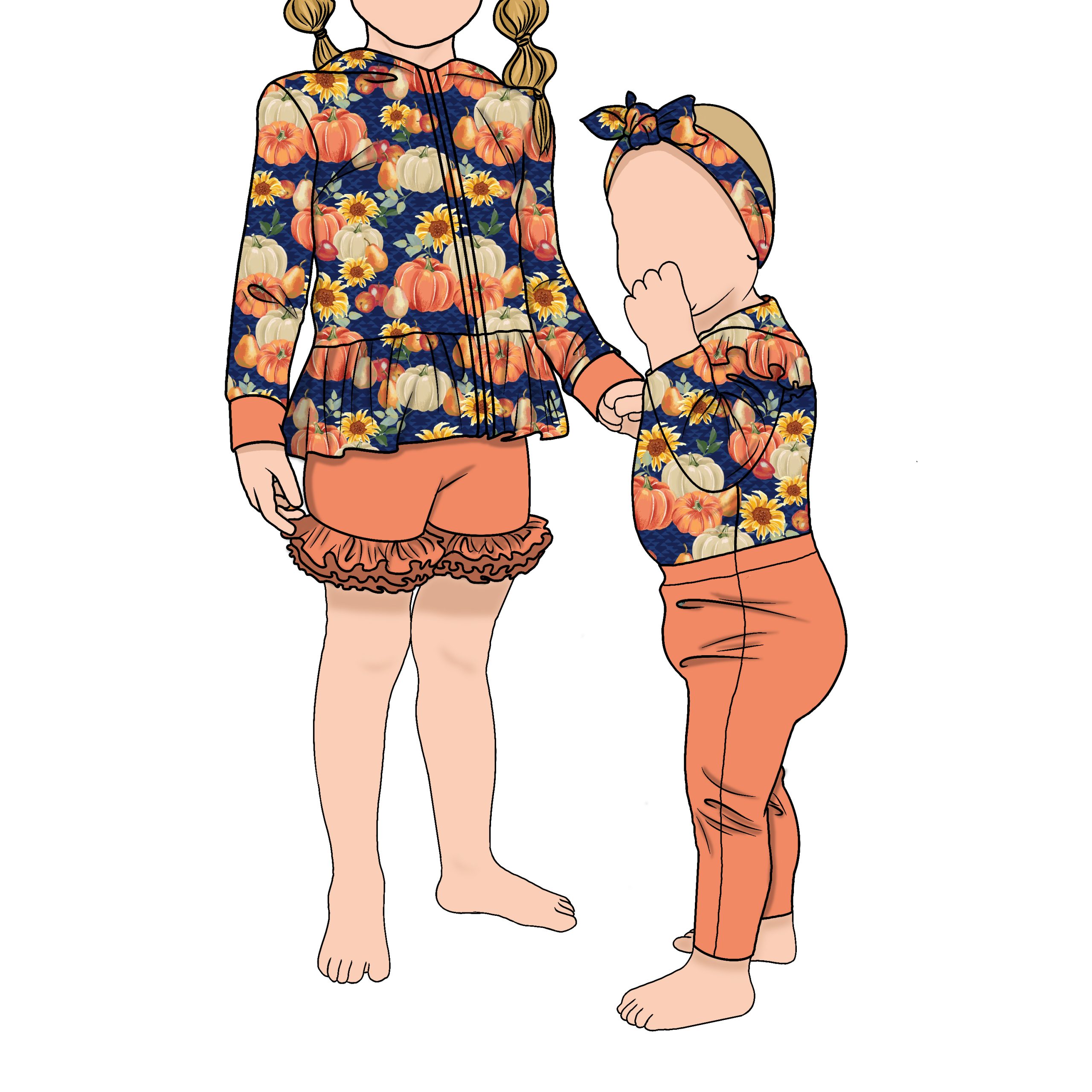 Korean High Quality Soft Brushed Milk Silk 2pcs Cute Girls Zipper Jackets Pumpkin Pattern Long Sleeve Baby Sister Hoodie Set - Image 3