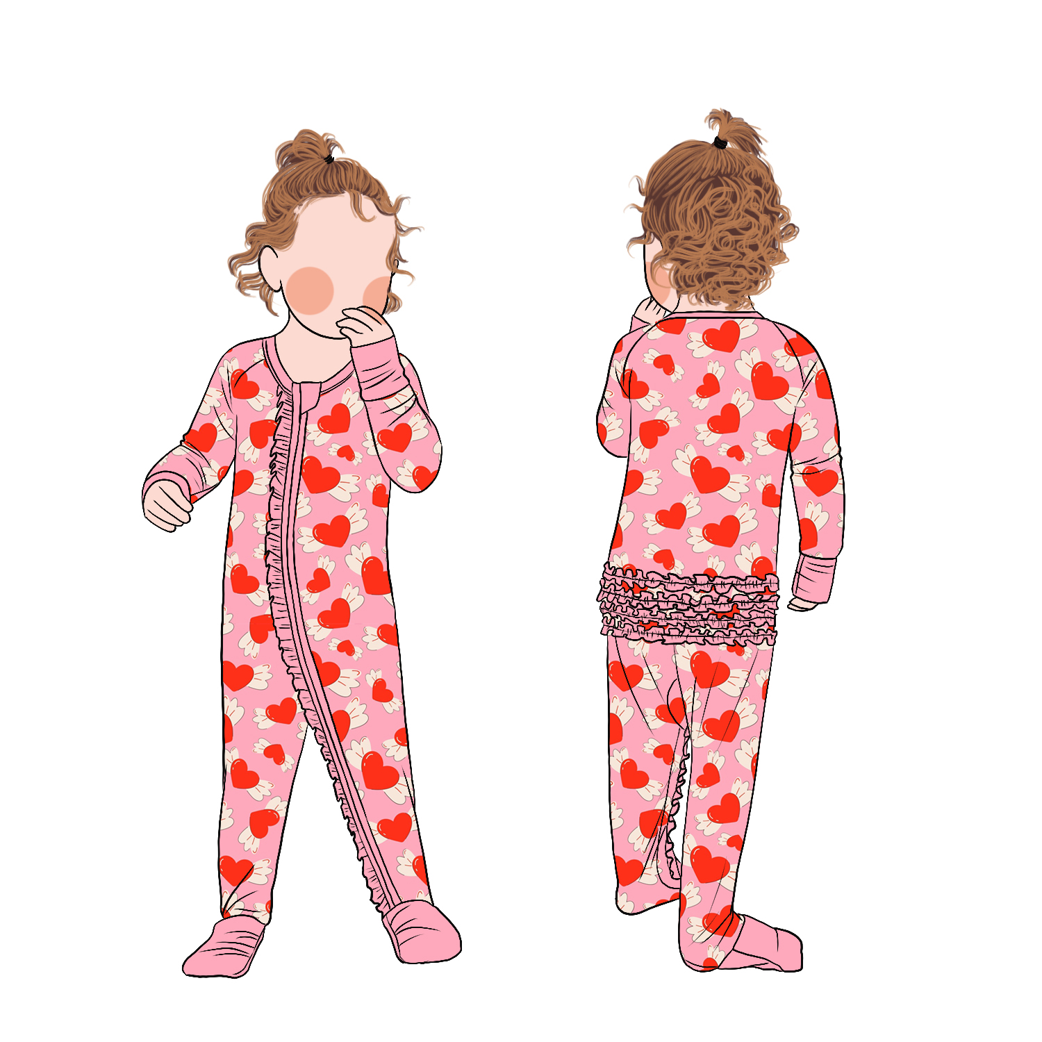 Red Color Heart Printing Bamboo Children Convertible Ruffle Pajamas for Toddler Baby Girls - Image 3