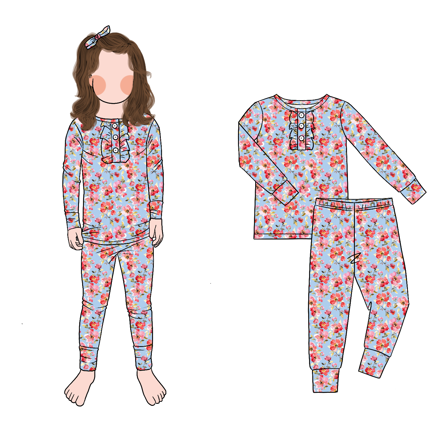 High Quality Girl Two-Piece Pajamas Set Ruffle Front Trim Long Sleeve Pants Print Soft Home Clothing for Daily Wear Autumn - Image 2