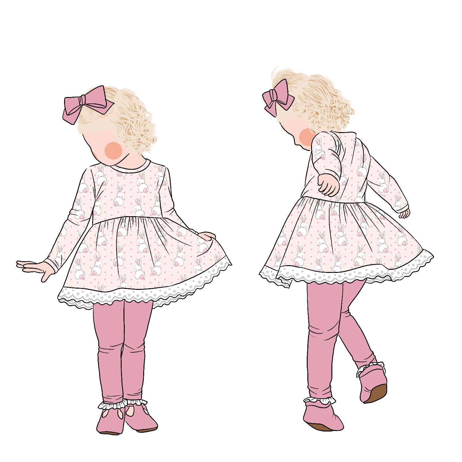 Low Price Sweet Style Long Sleeves Lace Bottom Hemline Lovely Rabbit Print Girl Tunic Dress Set With Leggings