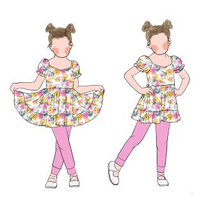 Sweet Candy Style Cute Cartoon Print Summer Floral Puff Sleeves Twirl Dress Matching Solid Leggings