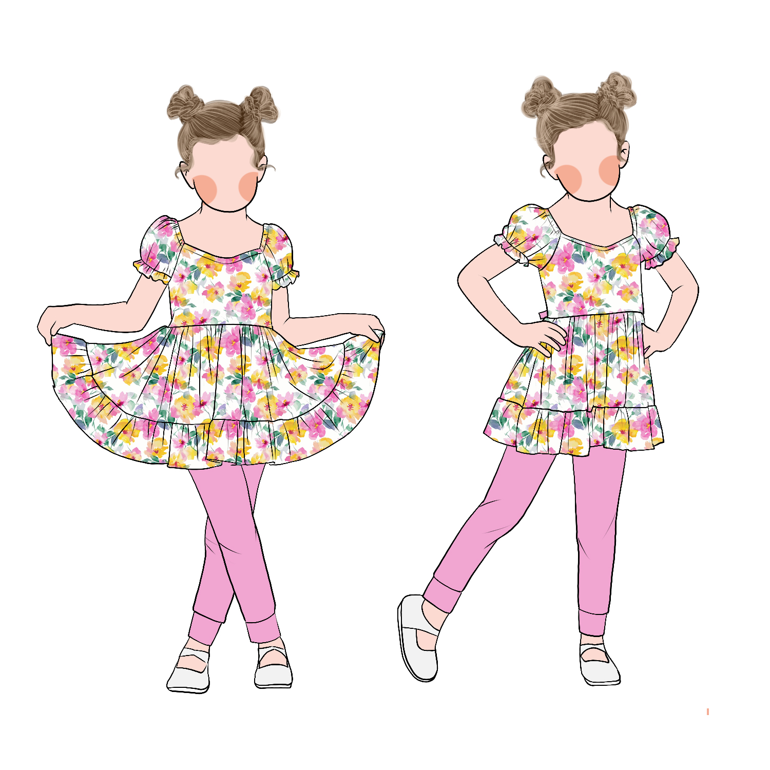 Sweet Candy Style Cute Cartoon Print Summer Floral Puff Sleeves Twirl Dress Matching Solid Leggings