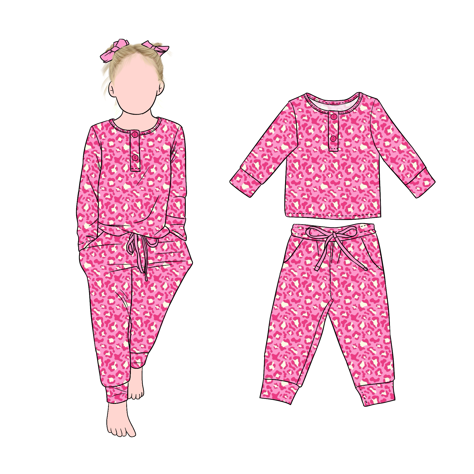 Factory Directly Sale Cool Girls 2pcs Pink Clothing Set Front Buttons Drawstring Pants for Kids Girls - Image 4