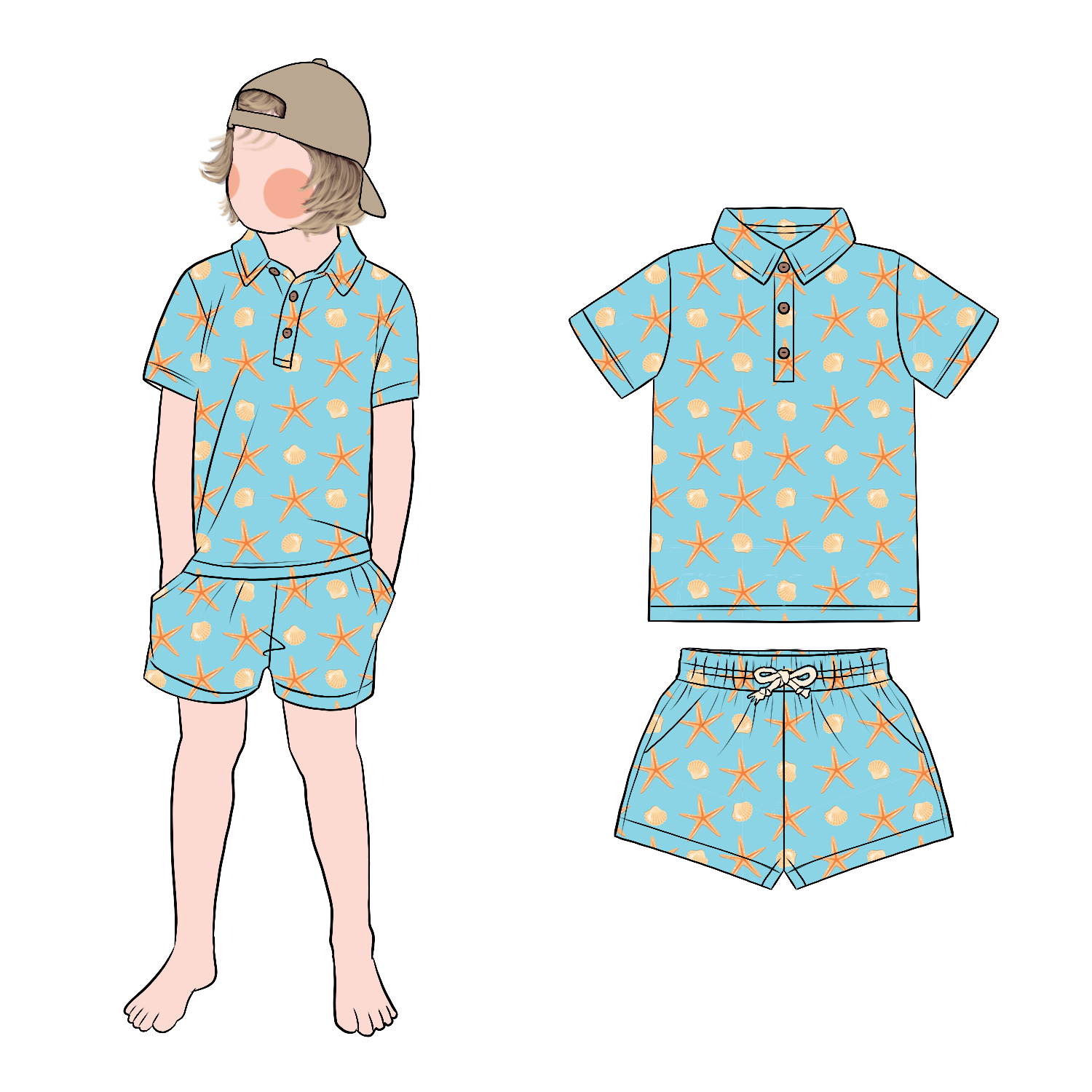 Fashionable Trendy Casual Wear Cartoon Print Shirt Breathable Comfortable 3 Front Buttons Boy Polo Shirt with Short Set - Image 2