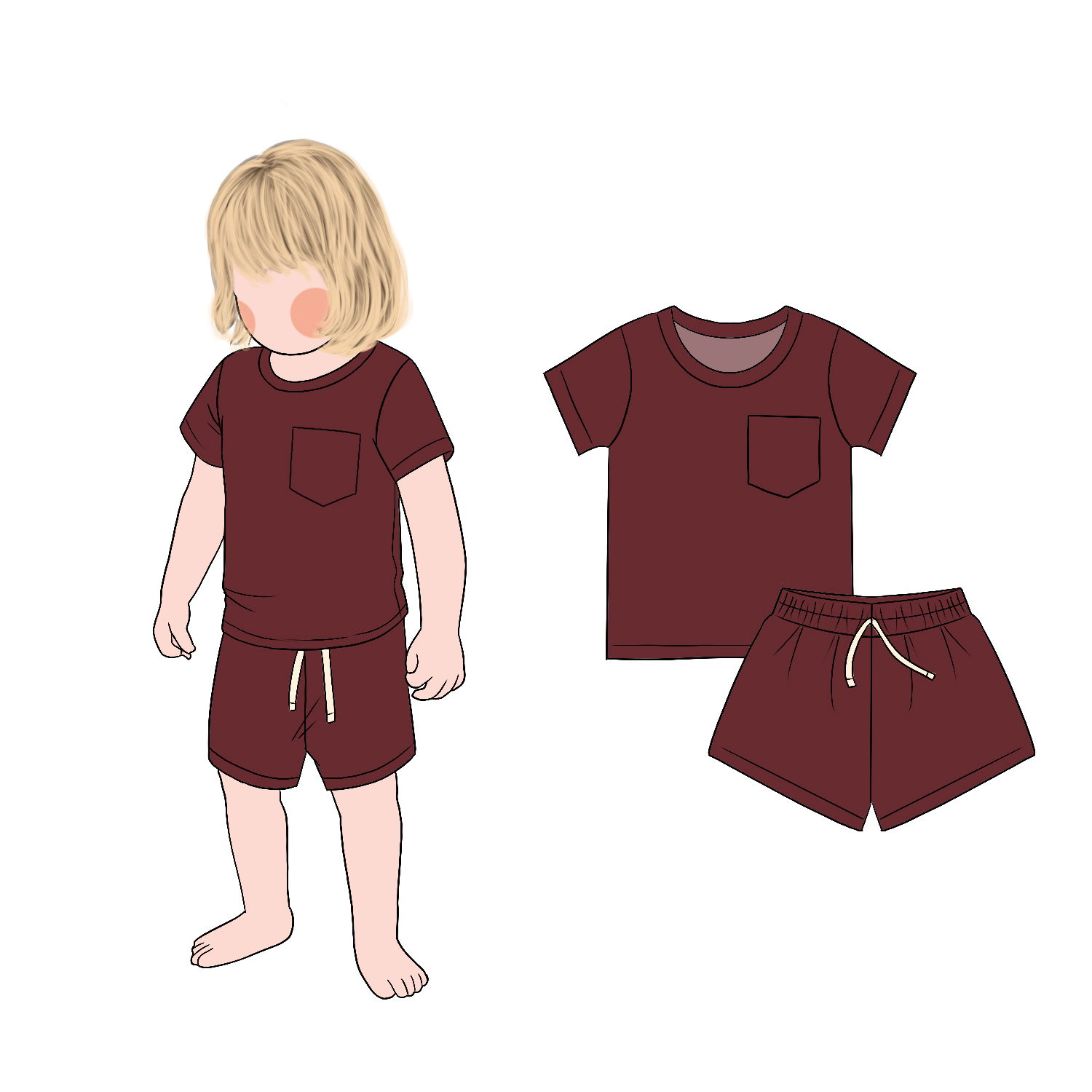 Hot Sale Children's Solid Color Pocket Short Sleeves Top Matching Drawstring Shorts Set Summer Coolful Clothing - Image 5