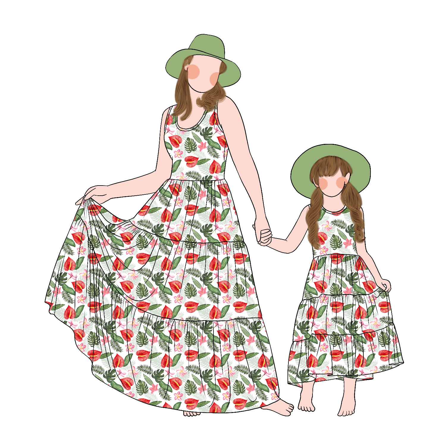 Custom Vintage Printed Sleeveless Mommy and Me Summer Holiday Twirl Maxi Dresses Family Daily Dress Set - Image 2