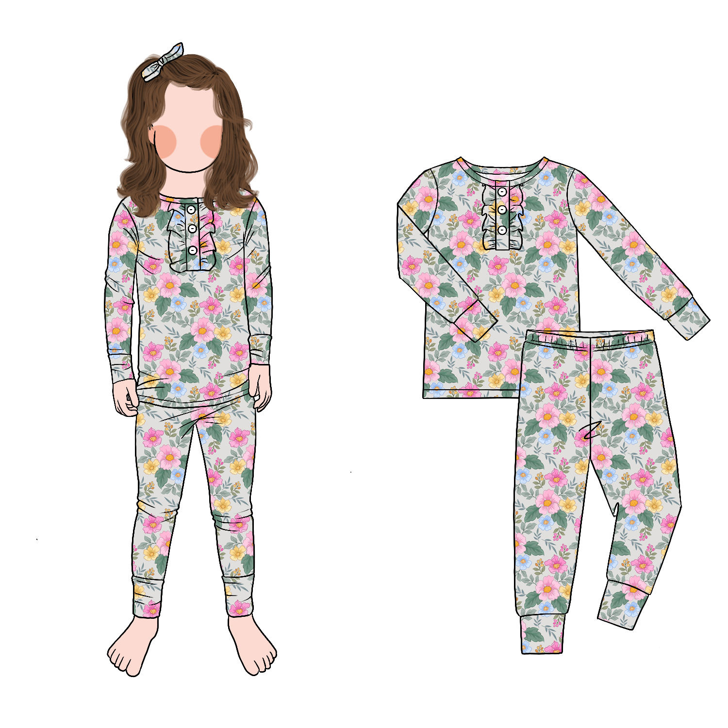 High Quality Girl Two-Piece Pajamas Set Ruffle Front Trim Long Sleeve Pants Print Soft Home Clothing for Daily Wear Autumn