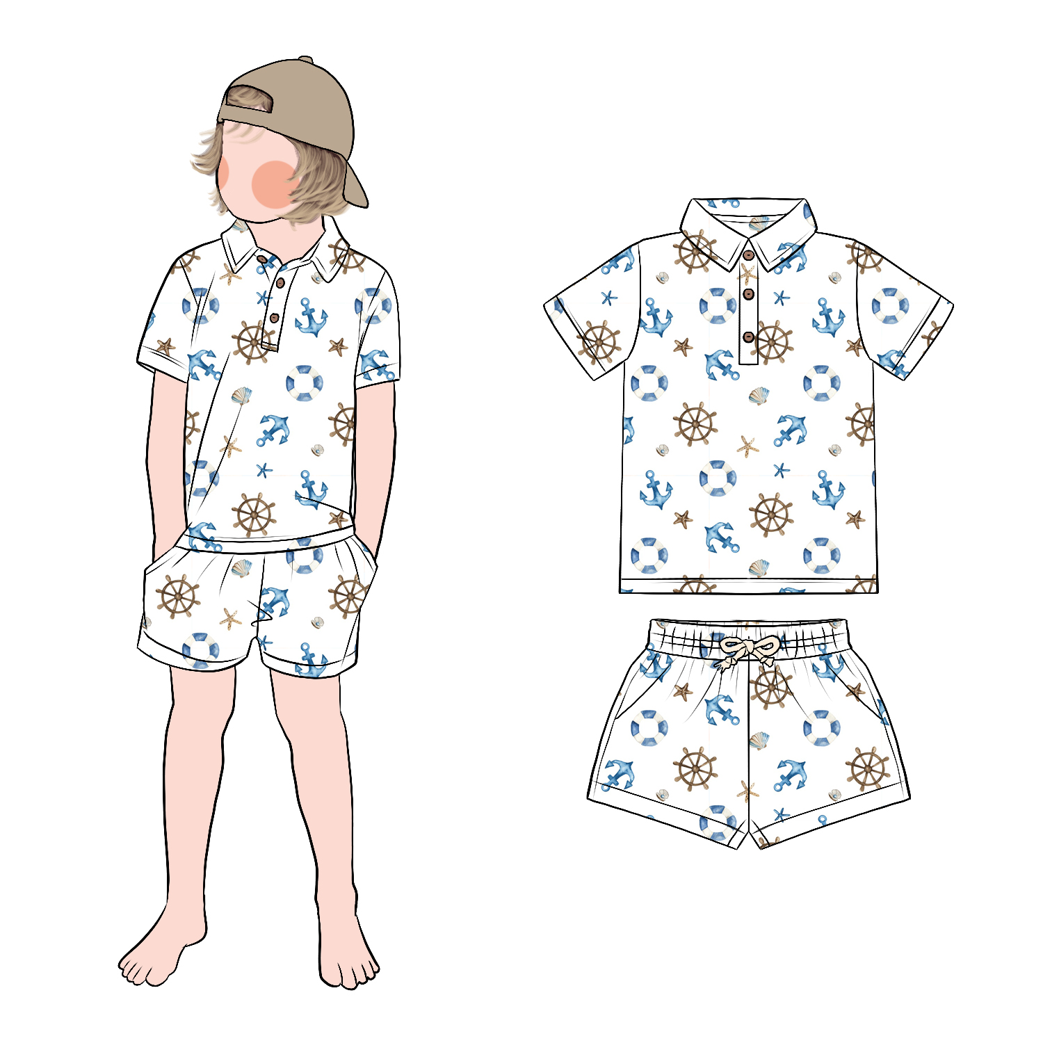 Top Fashionable Trendy Casual Wear Cartoon Print Shirt Breathable Comfortable 3 Front Buttons Boy Polo Shirt with Short Set - Image 6