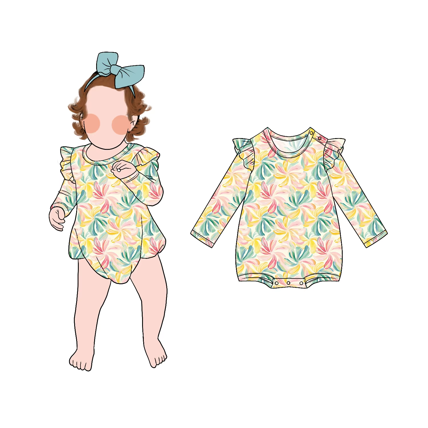 Wholesale Price New Style Girls Floor Long Ruff Sleeves Bubble Romper Long Sleeved Shorts Round Neck Jumpsuit - Image 2